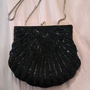 Elegant Black Beaded Evening Clutch with Chain Strap